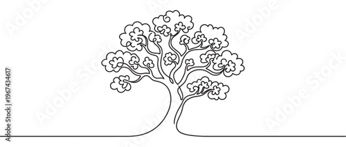 Single continuous line drawing of a stylized tree with a full canopy of leaves, depicted in a minimalist art style