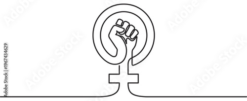 Continuous line drawing of a female gender symbol with a raised fist inside, representing women's empowerment and strength