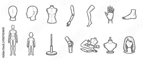 Various black outline mannequin parts and full figures are neatly arranged in a grid pattern, showcasing different forms and details