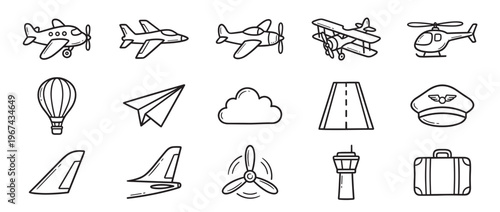 Various hand-drawn aviation-themed icons including airplanes, a helicopter, hot air balloon, and airport elements in a simple, clean style