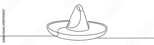 Simple black line drawing of a traditional Mexican sombrero hat with a wide brim and pointed crown