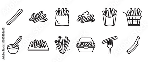 Collection of twelve black outline french fries icons showing various serving styles and individual pieces
