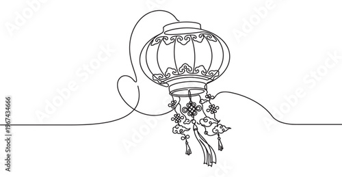 Single continuous line drawing of a traditional Chinese lantern with intricate patterns and decorative tassels, presented in a minimalist art style
