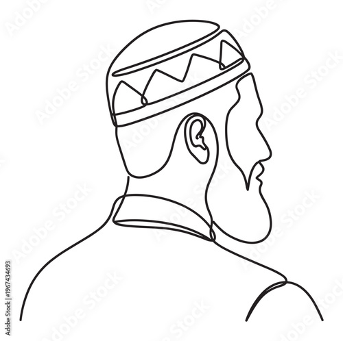 Continuous line drawing of a bearded Muslim man wearing a traditional kufi cap, depicted from a side profile
