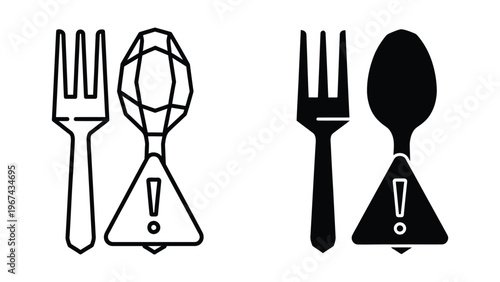 Warning symbols on cutlery and a spoon with caution triangle indicators