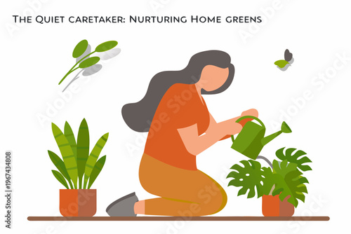 Woman kneeling to water indoor plants with a green watering can