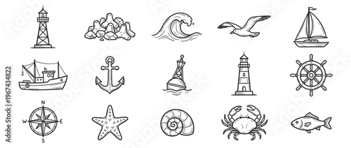 Collection of various hand-drawn nautical and marine-themed elements, including lighthouses, boats, anchors, and sea creatures, in a doodle style