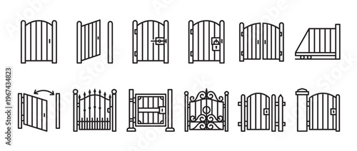 Collection of various gate and fence line icons, depicting different styles and opening mechanisms, presented in a clean, minimalist vector illustration