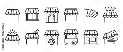 Collection of twelve black outline store awning icons in various styles and weather conditions, presented as a clean vector illustration