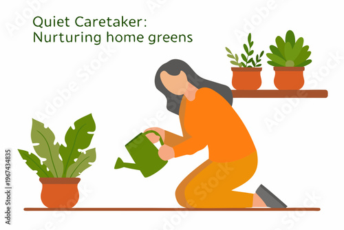 Woman watering indoor plants illustrating quiet home care and nurturing