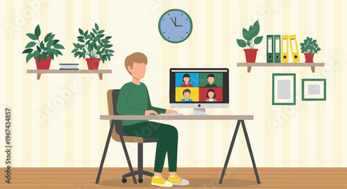 Man on video conference call from modern home office workspace