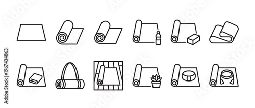 Collection of black outline yoga mat icons in various states and with different accessories, presented as a clean graphic illustration
