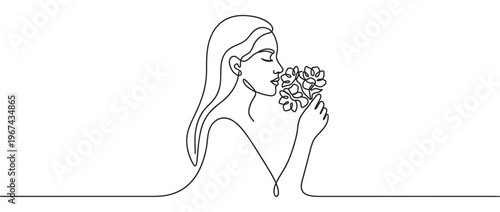 Beautiful woman's face in a continuous line art drawing, with closed eyes, gently smelling a small bouquet of flowers