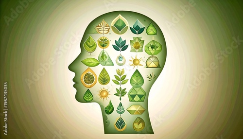 Green mind filled with nature's symbols and growth