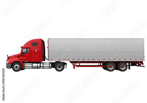 A side view of a red semi truck hauling a large silver metal cargo trailer for logistics transport