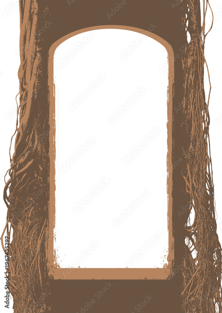 Obraz premium Vector frame with a realistic tree, banyan, or ficus with roots and branches in a gothic or grunge style. Space for inscription. Magical, fairytale, and mystical. Halloween party poster. No ai