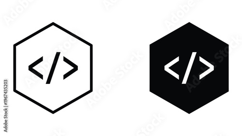 Contrast between light and dark versions of a code snippet icon in hexagonal shape