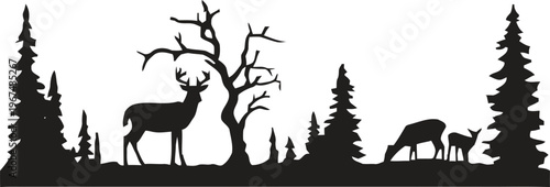 Silhouette of deer family in a forest landscape