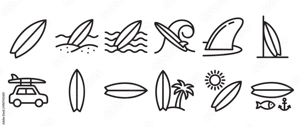 Fototapeta premium Collection of black outline surfboard icons depicting various surf-related activities and beach elements, presented in a clean, minimalist style