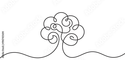 Stylized black line art drawing of a tree with a swirling canopy and roots extending into a wavy line