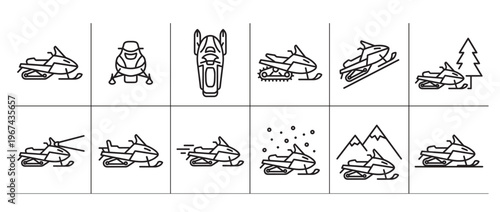 Collection of twelve black outline snowmobile icons depicting various views and activities in a clean, minimalist style