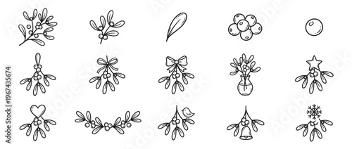 Collection of hand-drawn mistletoe illustrations featuring various arrangements, berries, leaves, and festive elements in a simple black outline style