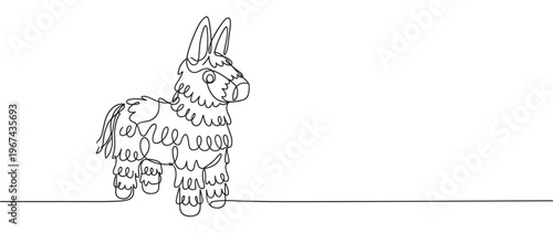 Continuous line drawing of a festive donkey piñata with textured details, presented in a minimalist style