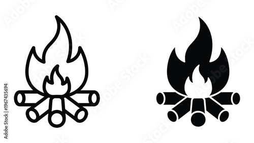 Two contrasting styles of campfire icons with flames and logs