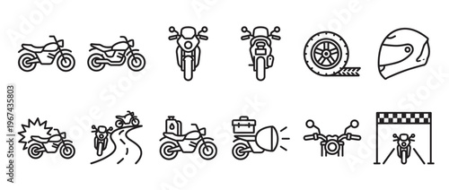 Comprehensive collection of black outline motorcycle icons and related elements, including various bike views, a helmet, and a finish line
