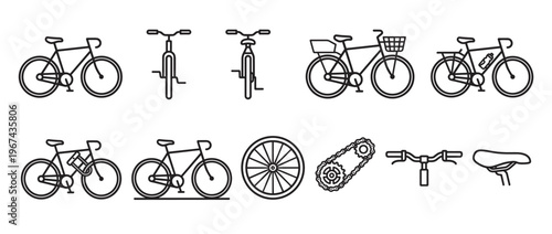 Various outline bicycle icons and bike parts are neatly arranged in a clean, graphic illustration with a minimalist aesthetic
