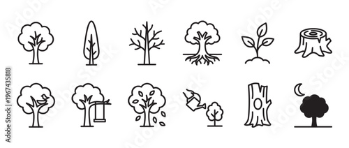 Collection of various tree and plant-related line icons, depicting growth, nature, and environmental concepts in a simple, clean style