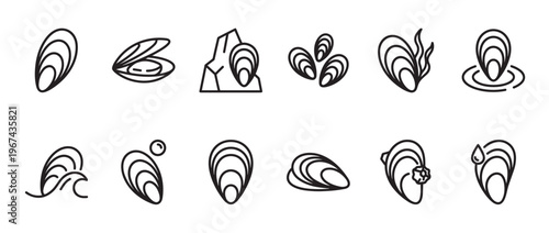 Collection of simple line art icons depicting various mussels and oysters in different settings and styles