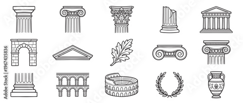 Various hand-drawn ancient Roman and Greek architectural elements, symbols, and artifacts are neatly arranged in a clean, illustrative style