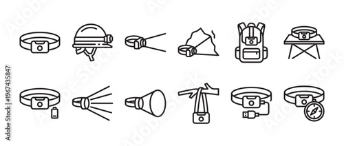 Collection of headlamp and outdoor activity line icons with various accessories and usage scenarios