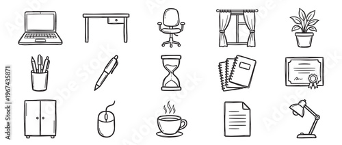 Collection of hand-drawn black and white office and business icons, including a laptop, desk, chair, and various supplies