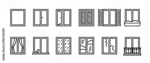Collection of twelve different window icons in a clean black outline style, depicting various states and accessories