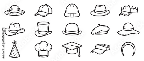 Collection of fifteen hand-drawn outline icons depicting various types of hats and headwear in a simple doodle style
