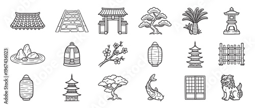 Collection of hand-drawn black and white Japanese cultural elements, including pagodas, gates, trees, and lanterns, presented in a clean, illustrative style