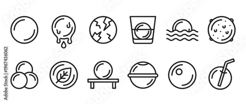 Collection of twelve diverse black outline circle icons featuring various abstract and conceptual designs