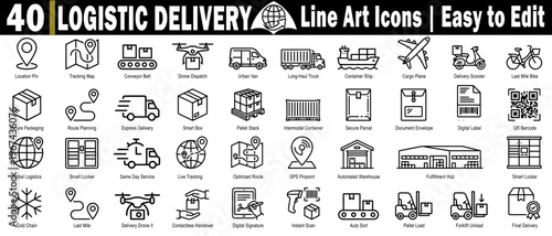 Logistic delivery line icons set. Featuring a tracking map, conveyor belt, drone dispatch, urban van, long-haul truck, container ship, cargo plane, and smart box. vector illustration.