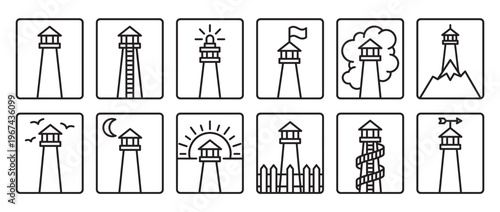 Collection of twelve simple outline lighthouse icons, each depicting a different scene or feature in a clean, minimalist style