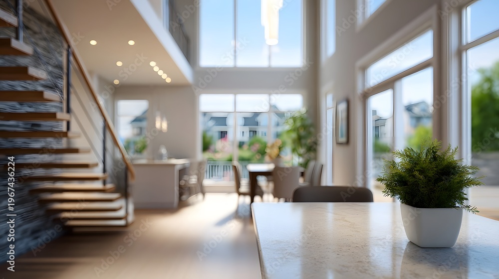 Fototapeta premium Luxurious and spacious modern home interior featuring an elegant staircase open dining area and large filled with natural light
