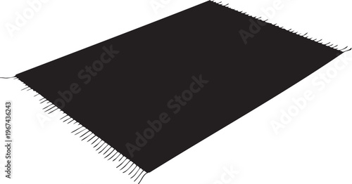 Black rectangular rug with fringe on transparent background