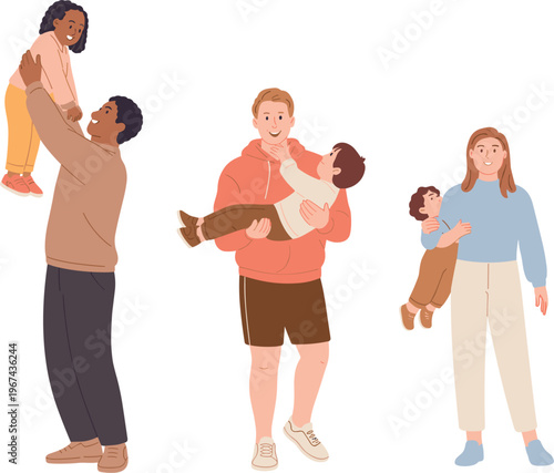 Parents playing and caring for children showing love, bonding, and joyful family moments in warm modern illustration style
