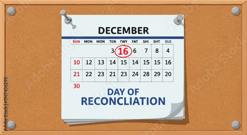 December calendar page marked on reconciliation day with notes on corkboard background