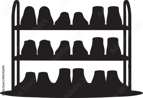 Black Silhouette Of Three Tier Shelf With Many Shoes