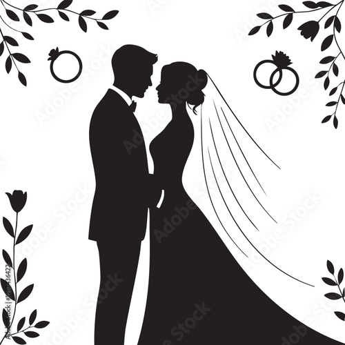 Black Silhouette Of Wedding Couple Bride And Groom With Rings