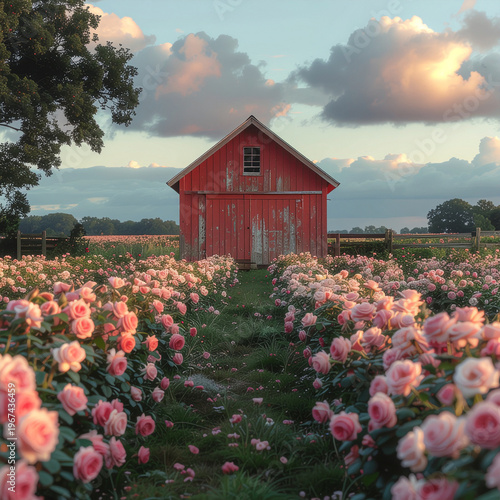 weathered red barn surrounded by rows of pink roses, blending rustic charm with vibrant garden beauty