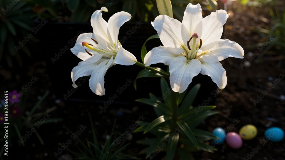 Fototapeta premium Serene White Lilies in Springtime Garden with Colorful Eggs