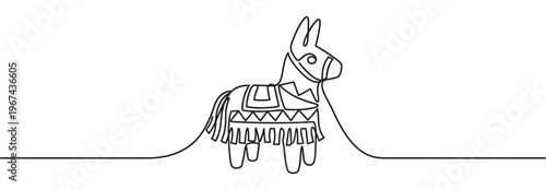 Black and white continuous line drawing of a festive donkey piñata with decorative patterns, viewed from a side angle